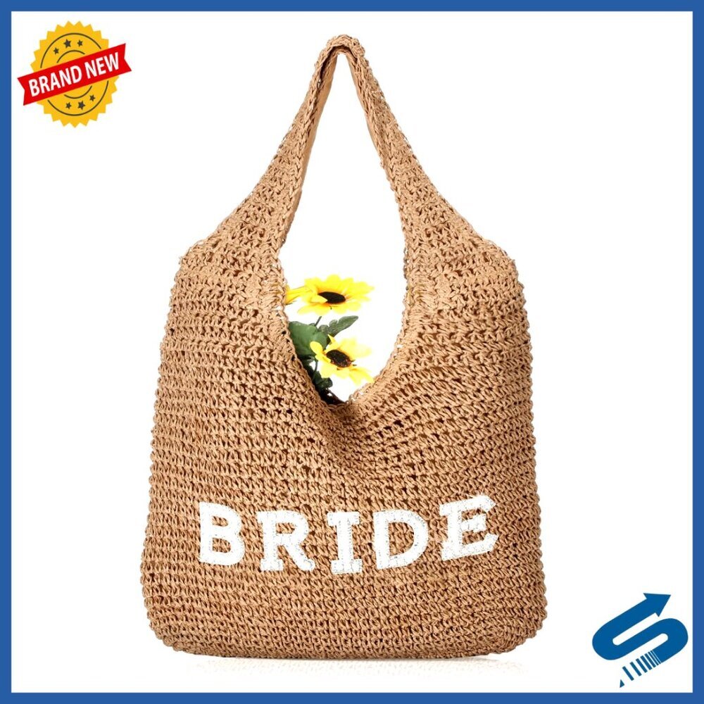 Handwoven Straw Tote Bag Boho Beach Shoulder Bag Elegant Wedding Bridal